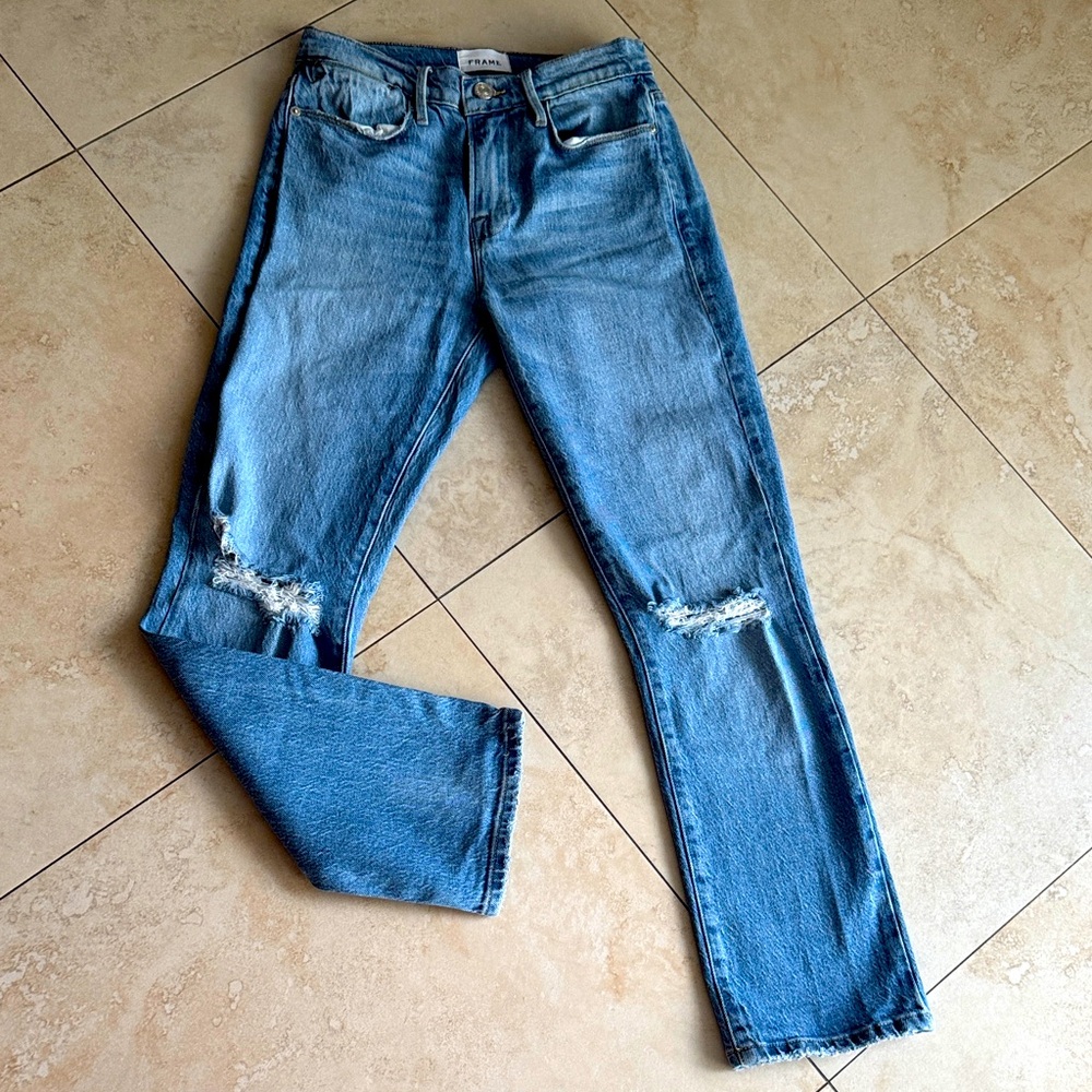 Frame Light Blue Straight Leg Washed Ripped Denim Jeans- Size 24